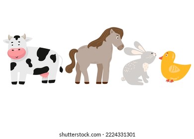 Woodland characters. Cartoon cute animals for baby cards. horse, deer, chicken, cow, hare