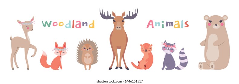 woodland characters - fox, raccoon, hedgehog, deer,moose, beaver and bear. Cute forest animals. Vector illustration