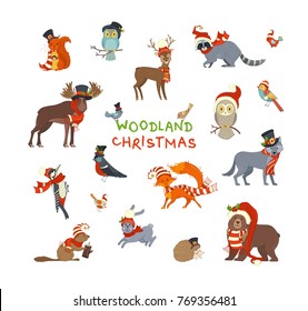 Woodland Christmas. Vector set of forest animals dressed in Santa hat and scarf. Cute animals on white background. Moose, bear, fox, wolf, deer, owl, hare, squirrel, raccoon, hedgehog and birds.