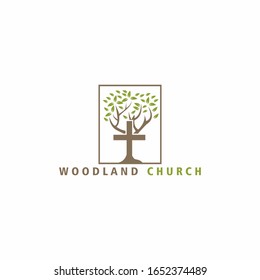 Woodland  Church logo. Christian symbols. Wood cross.