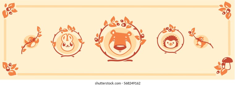 Woodland cute animals icon set. Vector forest friends characters for logo or badge. bear rabbit hedgehog bird.