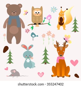 Woodland cute animals set vector