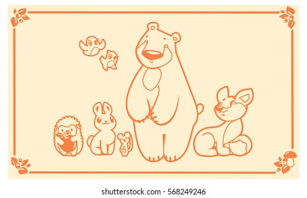Woodland cute animals set. Vector forest friends characters. bear fox rabbit hedgehog mouse.