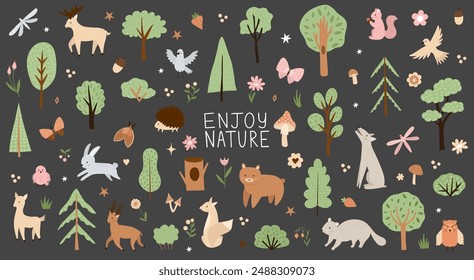 Woodland. Cute cartoon vector collection. Children set of hand drawn forest animals and trees with plants.