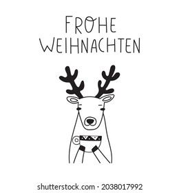 Woodland deer with cup of coffee and phrase - Frohe Weihnachten it's Merry Christmas on German.  Outline vector illustration on white background.