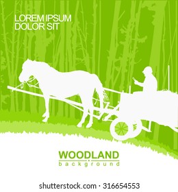  Woodland eco banner. Silhouette of calling farmer on a cart.