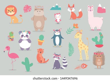 woodland and exotic characters -  fox, raccoon, hedgehog, penguin, owl, lion, hippopotamus, flamingo, panda, giraffe. Cute forest animals. Vector illustration