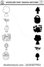 Woodland fairy black and white shadow matching activity. Magic forest puzzle with tree, basket, mushroom. Find correct silhouette printable worksheet, game. Fairytale coloring page