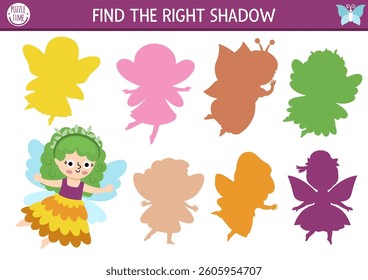 Woodland fairy shadow matching activity with little girl. Magic forest puzzle with cute swamp princess. Find correct silhouette printable worksheet, game. Fairytale fantasy page for kid
