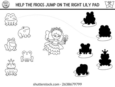 Woodland fairy shadow matching activity with little girl. Magic forest black and white find differences puzzle with frog on water lily pads. Find correct silhouette printable worksheet, coloring page