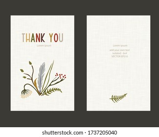 Woodland Floral Thank You Greeting Card Template On Linen Background. Simple Minimal Hand Drawn Flowers And Leaves Forest Bouquet. Rustic Scandi Doodle Floral Gratitude Appreciation Notecard. Vector