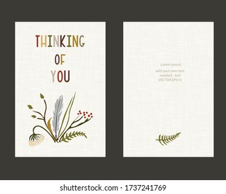 Woodland floral thinking of you greeting card template on linen background. Simple minimal hand drawn forest flowers and fern leaves bouquet. Rustic scandi doodle wildflower notecard. Isolated Vector