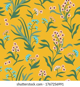 Woodland flowers on yellow background. Vintage print with small inflorescences. Seamless vector pattern. Retro textile collection. 
