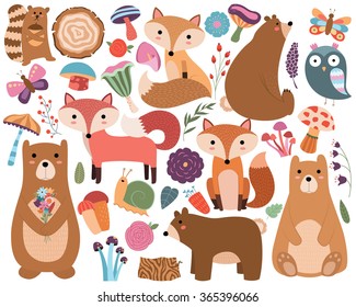 Woodland Forest Animals and Cute Floral Designs Vector