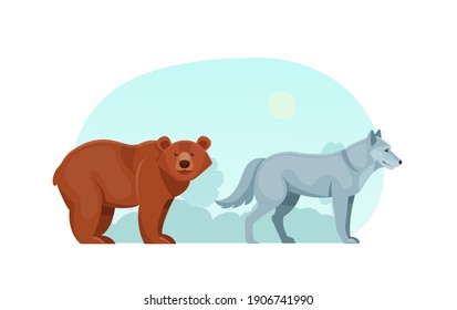 Woodland forest animals. Cute wild forest animals brown bears and wolf flat cartoon vector