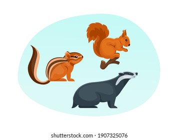 Waldtiere aus Holz. Cute wild lebende Waldtiere Dachziegel, Chipmunk, Eichhörnchen, flacher Cartoon-Vektorgrafik