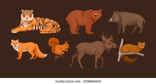 Animales boscosos. Bosques silvestres, oso pardo, zorro común, estable, chipmunk, tigre, alce, jabalí, ardilla plana vector de dibujos