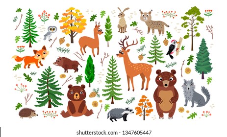 Woodland Forest Animals set isolated on white background. Collection of cartoon character in flat style. Childish poster with animals