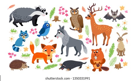 Woodland Forest Animals set isolated on white background. Collection of cartoon character and nature design elements in flat style. Childish poster with animals