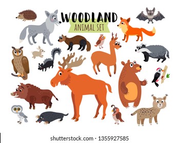 Woodland Forest Animals set isolated on white background. Collection of cartoon character in flat style. Childish poster with animals