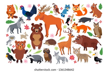 Woodland Forest Animals set isolated on white background. Collection of cartoon character in flat style. Childish poster with animals