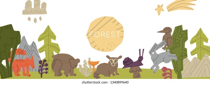 Woodland Forest Animals vector set. Hand drawn elements in paper-cut style. Nature inspired simple geometry 
shapes, textured illustration. Vector Horizontal header web template.