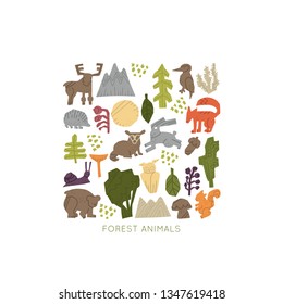 Woodland Forest Animals vector set.  Nature inspired simple geometry shapes, textured illustration.Vector hand drawn isolated square concept.