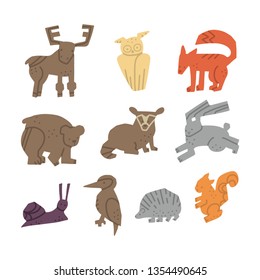 Woodland Forest Animals vector set. Hand drawn elements in paper-cut style. Nature inspired simple geometry 
shapes, textured illustration.