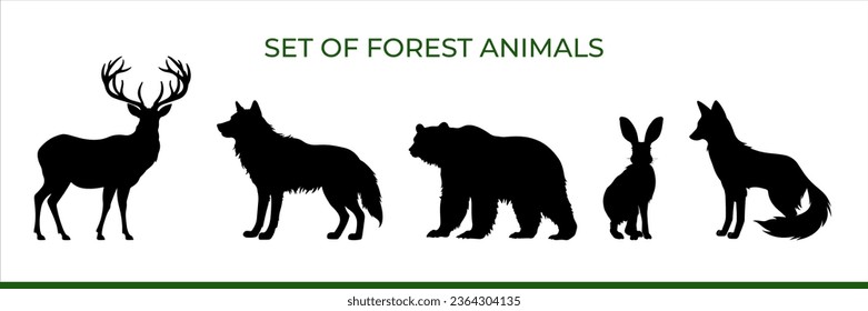 Woodland forest. Set of forest animals silhouette elk, wolf, fox, hare, wolf isolated on white background	
