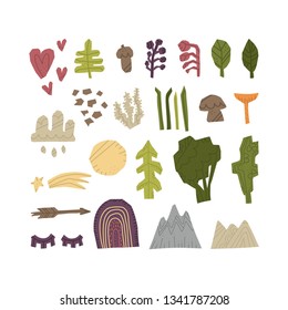Woodland Forest  vector set. Hand drawn elements in paper-cut style. Nature inspired simple geometry shapes, textured illustration.