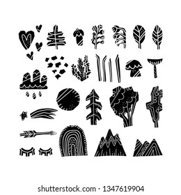 Woodland Forest  vector set. Hand drawn elements in paper-cut style. Nature inspired simple geometry shapes, textured illustration.