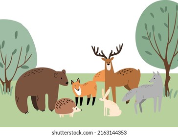 woodland fox, deer, wolf, hare, rabbit, hedgehog, bear animals frame clipart, cute forest vector illustration, wild animals in the forest meadow illustration, background for baby shower invitation