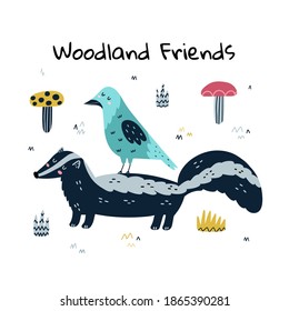 Woodland friends funny print with a skunk and a crow. Cute card with forest character. Background for kids in Scandinavian style. Vector illustration