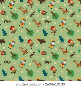 Woodland Gnome and Deer Seamless Pattern. Endless textures for your design	