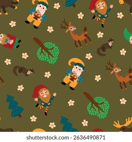 Woodland Gnome and Deer Seamless Pattern. Design for fabric, textile, wallpaper, packaging	