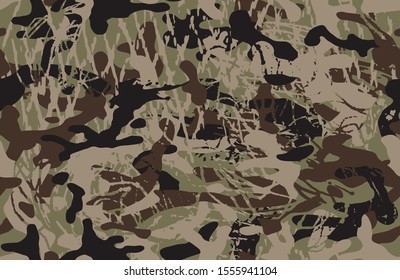 Woodland Grunge Camouflage, Seamless Pattern. Military Urban Camo Texture  Army Or Hunting Green And Brown Colors. Wallpaper For Textile And Fabric. Vector