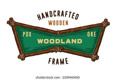 Woodland hand-drawn wooden badge logo. Wood texture frame with copy space. Vintage handcrafted quality. Retro wooden forest camping hiking adventure woods logo emblem design. 