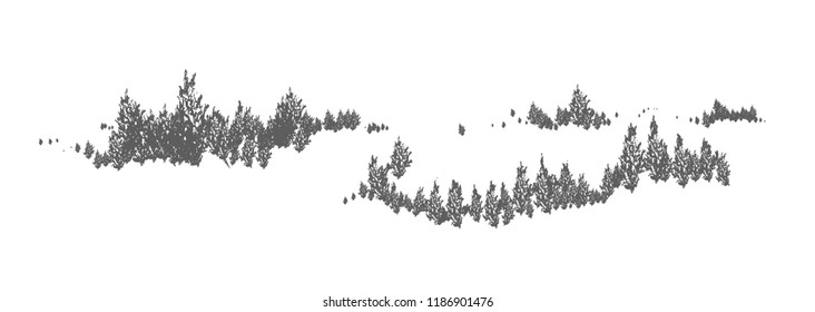 Woodland horizontal natural landscape with silhouettes of spruce, larch or fir trees. Forest panoramic view. Decorative design element in black and white colors. Monochrome vector illustration.