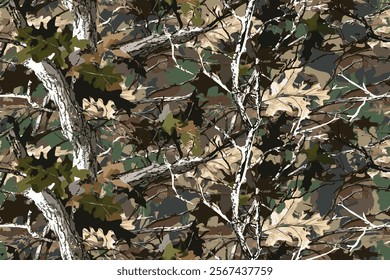 Woodland hunting camouflage seamless pattern with tree bark. Camouflage pattern background for hunting and military purposes.