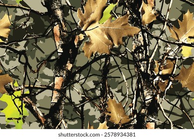 Woodland hunting camouflage seamless pattern with tree bark. Camouflage pattern background for hunting and military purposes.