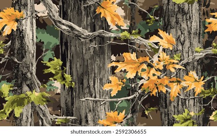 Woodland hunting camouflage seamless pattern with tree bark. Camouflage pattern background for hunting and military purposes. Vector hunting camo background. Tree bark texture