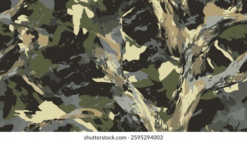 Woodland hunting camouflage seamless pattern with tree bark. Camouflage pattern background for hunting and military purposes. Abstract grunge camouflage background