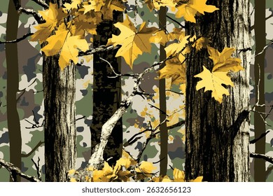 Woodland hunting camouflage seamless pattern with tree bark. Camouflage pattern background for hunting and military purposes.