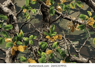 Woodland hunting camouflage seamless pattern with tree bark. Camouflage pattern background for hunting and military purposes.