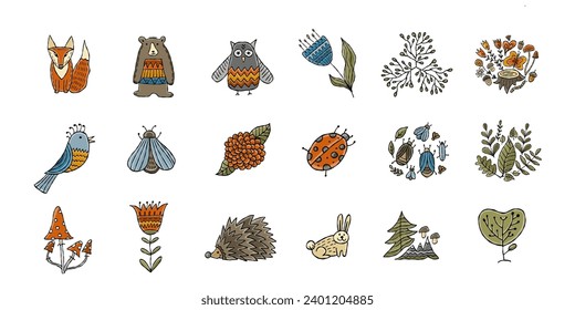 Woodland icons set. Forest animals and nature design elements in cartoon style. Ideas for kids design - posters, cards, banners etc