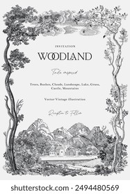 Woodland. Invitation. Toile inspired. Vector vintage illustration. Black and white 