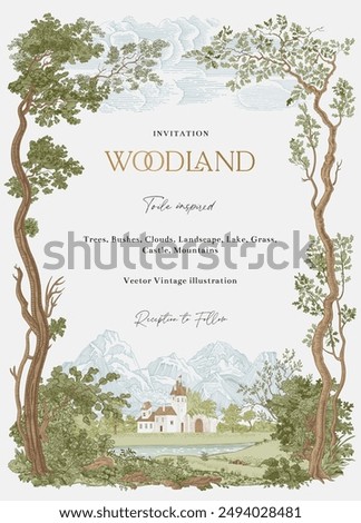 Woodland. Invitation. Toile inspired. Vector vintage illustration. 