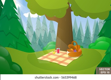 Woodland landscape. Cartoon. Nature. Picnic. For your design