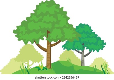 Woodland landscape. Cartoon trees growing from green ground