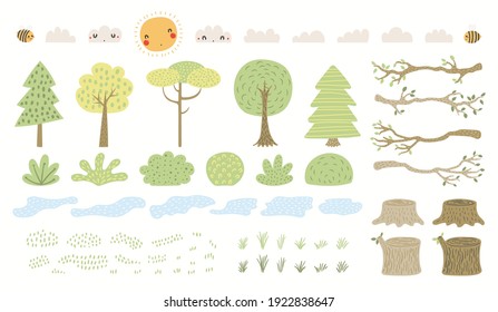 Paisaje boscoso, arbusto, hierba, estanque, aislado en blanco. Ilustración vectorial dibujada a mano. Creador de escenas, colección de elementos. Diseño plano de estilo escandinavo. Concepto para imprimir niños